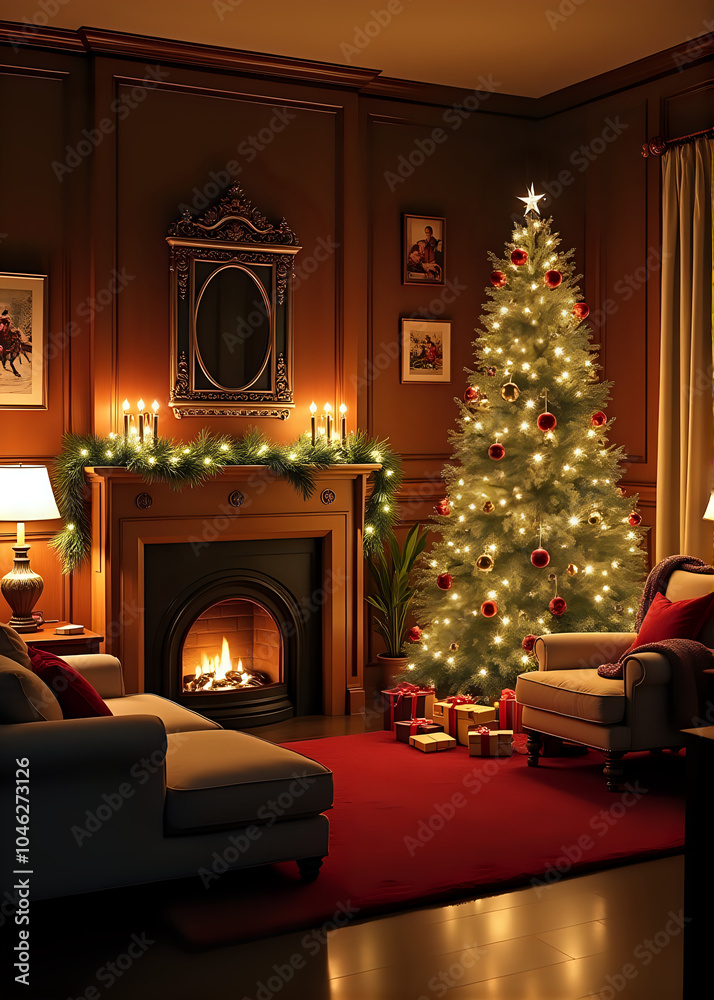 Obraz premium Christmas Tree and Fireplace in Elegant Living Room