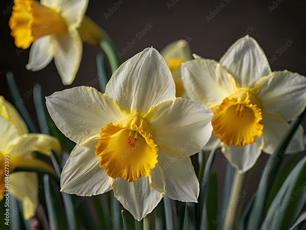 close up photo of white and yellow narcissus or daffodil flowers in a flower garden close up photo of white and yellow narcissus or daffodil flowers in a flower garden