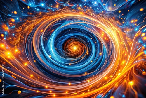 An exhilarating swirl of blue and orange lights flows dynamically, crafting a breathtaking spectacle of energy and color that captivates and enchants the viewer.