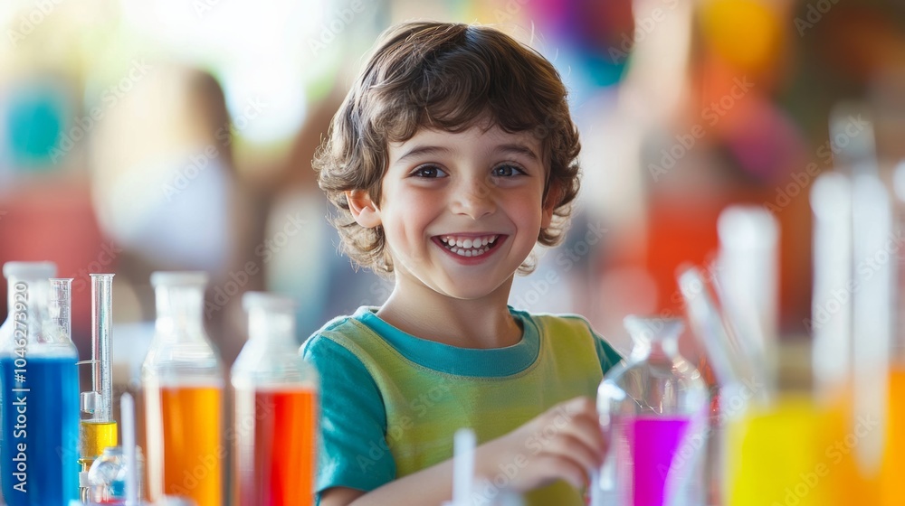 American child at science fair: A child presenting their science project at a school science fair, beaming with pride and excitement, highlighting achievement and curiosity in STEM fields. American child at science fair: A child presenting their science project at a school science fair, beaming with pride and excitement, highlighting achievement and curiosity in STEM fields.