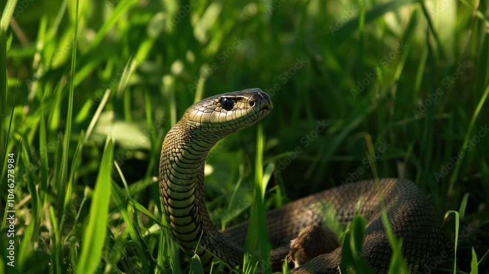 A snake emerging from lush green grass, showcasing its scales and natural habitat. A snake emerging from lush green grass, showcasing its scales and natural habitat.