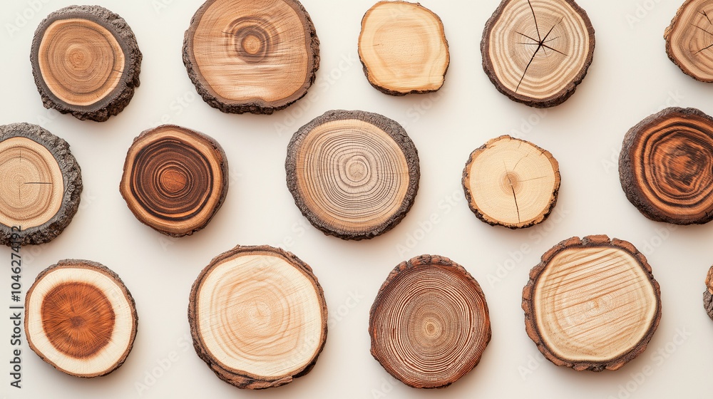 Beautifully arranged wooden slices display diverse textures and grain patterns on a smooth surface,reflecting natural beauty of various tree species,copy space Beautifully arranged wooden slices display diverse textures and grain patterns on a smooth surface,reflecting natural beauty of various tree species,copy space