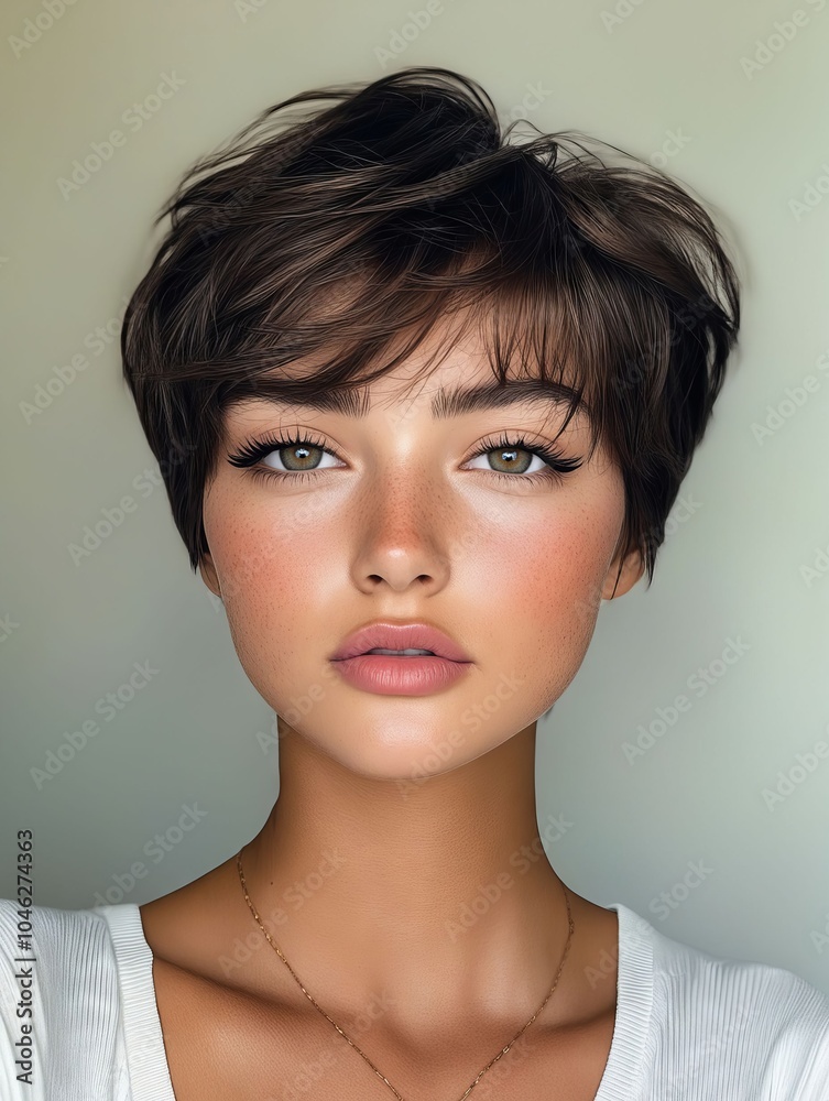 A woman with short brown hair wearing a white shirt A woman with short brown hair wearing a white shirt