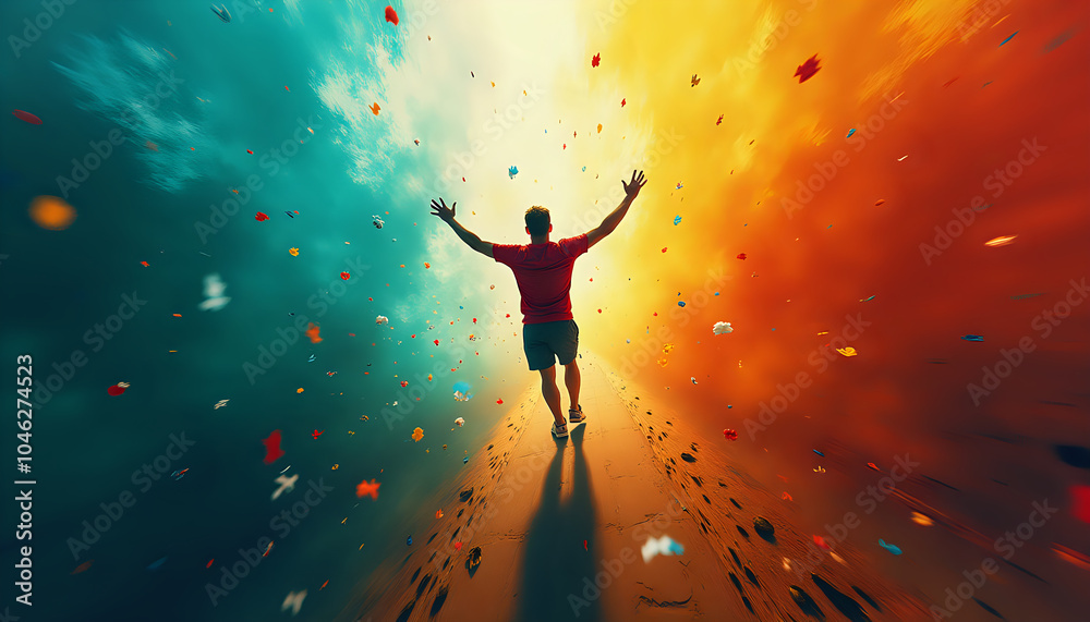 Naklejka premium Silhouette of a man jumping in a colorful sky