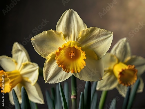 close up photo of white and yellow narcissus or daffodil flowers in a flower garden