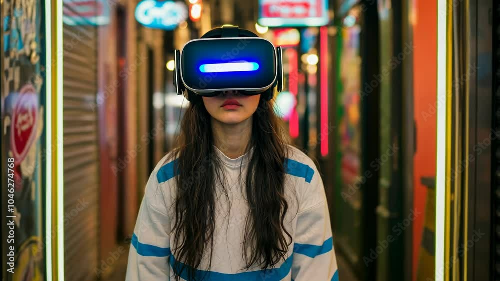 A woman wearing a virtual reality headset walks down a city street at night