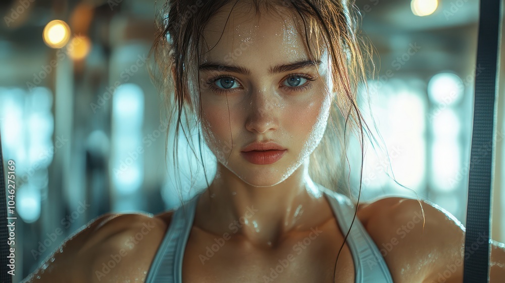 A sweaty woman with blue eyes stares intensely at the camera during a workout.