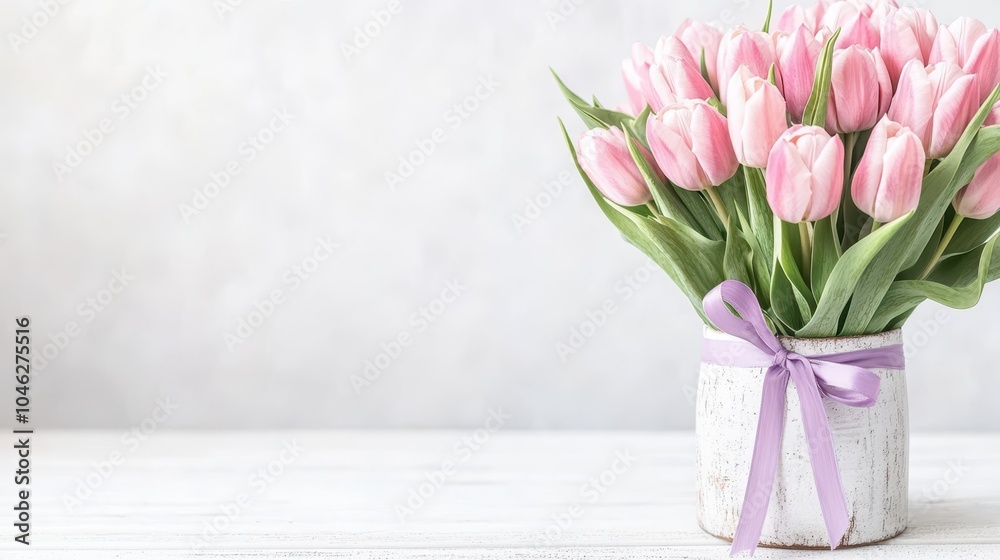 Obraz premium Soft pink tulips arranged in a white vase with a purple ribbon on a light background. Concept: Mother's Day gift and delicate spring beauty.