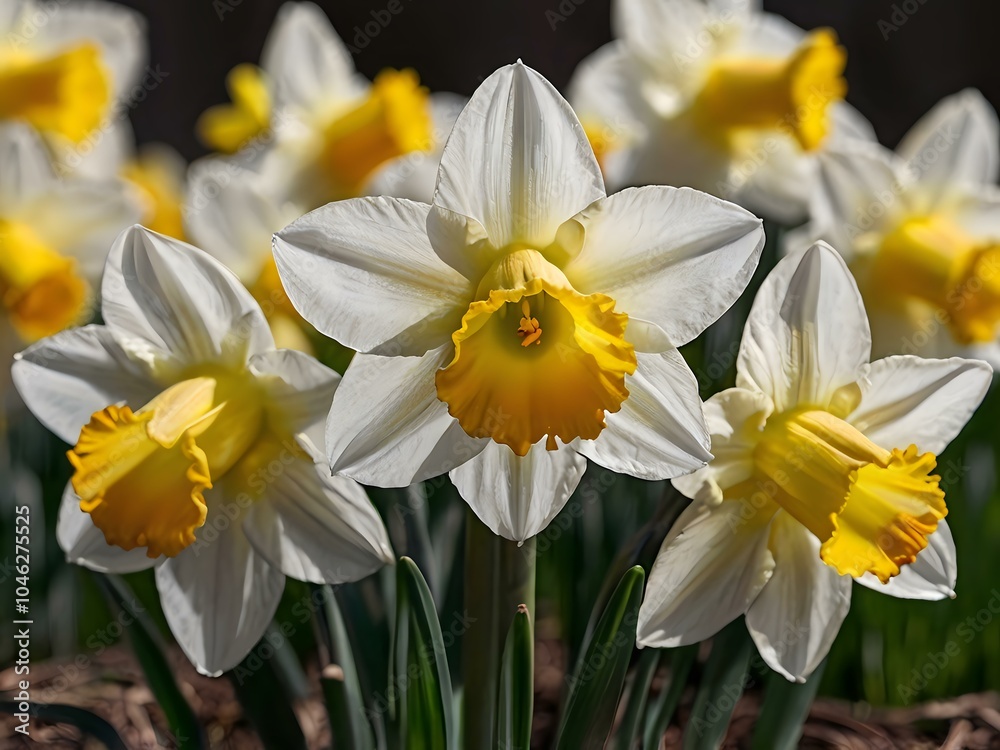 close up photo of white and yellow narcissus or daffodil flowers in a flower garden close up photo of white and yellow narcissus or daffodil flowers in a flower garden