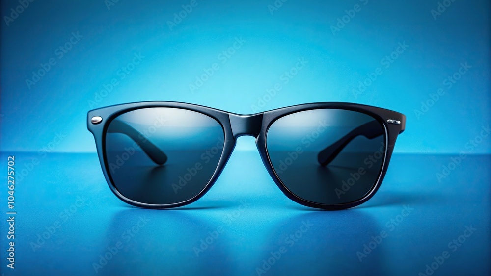 Stylish black sunglasses on blue background close-up Stylish black sunglasses on blue background close-up