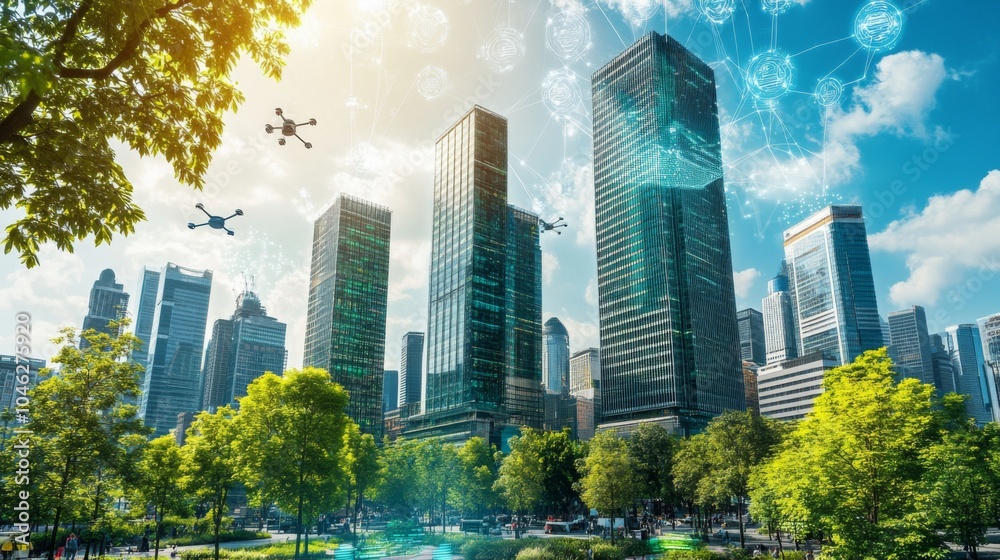 Obraz premium A futuristic smart city with towering skyscrapers made of glass and steel, autonomous electric cars, flying drones, and smart homes with integrated solar panels.