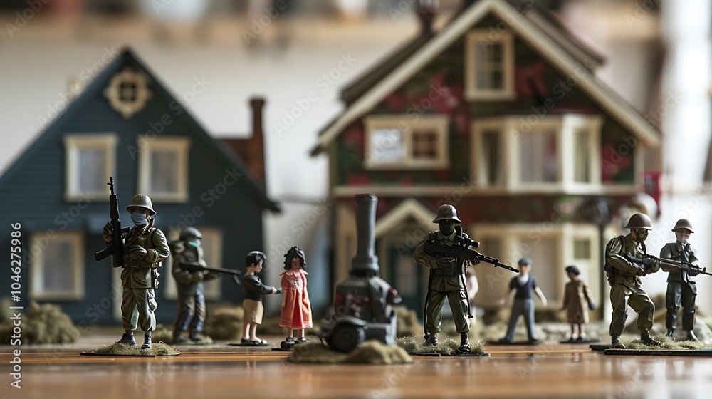 Obraz premium A set of toy soldiers and a dollhouse family in a standoff