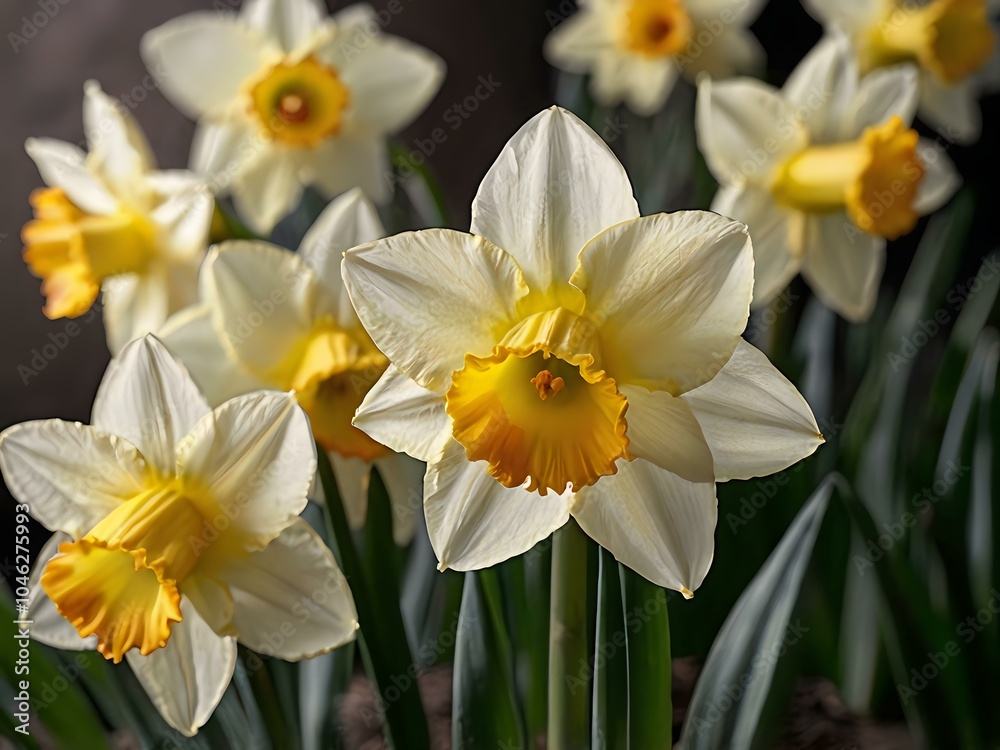 close up photo of white and yellow narcissus or daffodil flowers in a flower garden close up photo of white and yellow narcissus or daffodil flowers in a flower garden