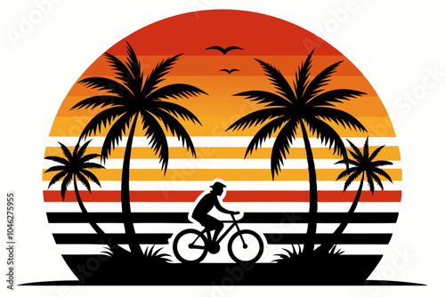 Flat sunset background with palm trees Silhouette of Man Riding Bicycle Against Nature Background