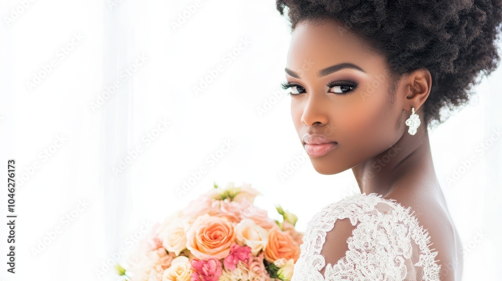 Bride in lace dress holding bouquet, standing by large window. Concept of elegance and reflection. Bride in lace dress holding bouquet, standing by large window. Concept of elegance and reflection.