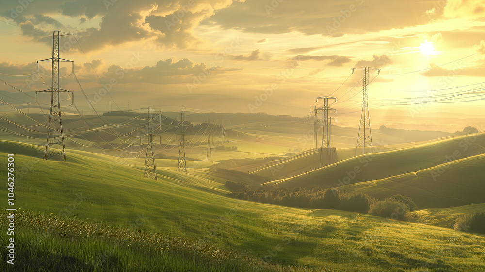 Obraz premium Power Lines Crossing a Green Field at Sunrise Depicting Rural Energy Infrastructure