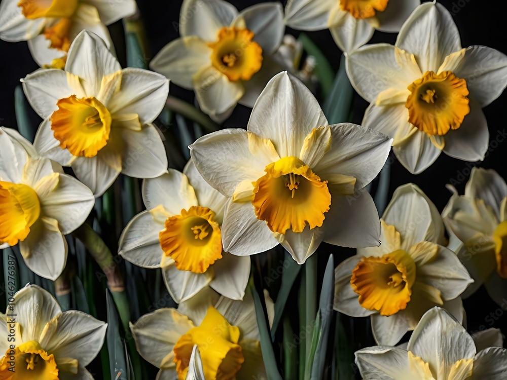 Fototapeta premium close up photo of white and yellow narcissus or daffodil flowers in a flower garden