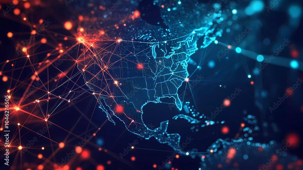 Digital map of USA, concept of North America global network and ...