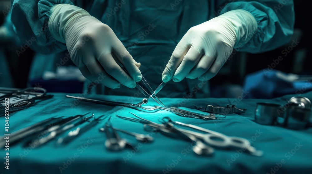Naklejka premium Surgeon's Hands Holding Surgical Tools