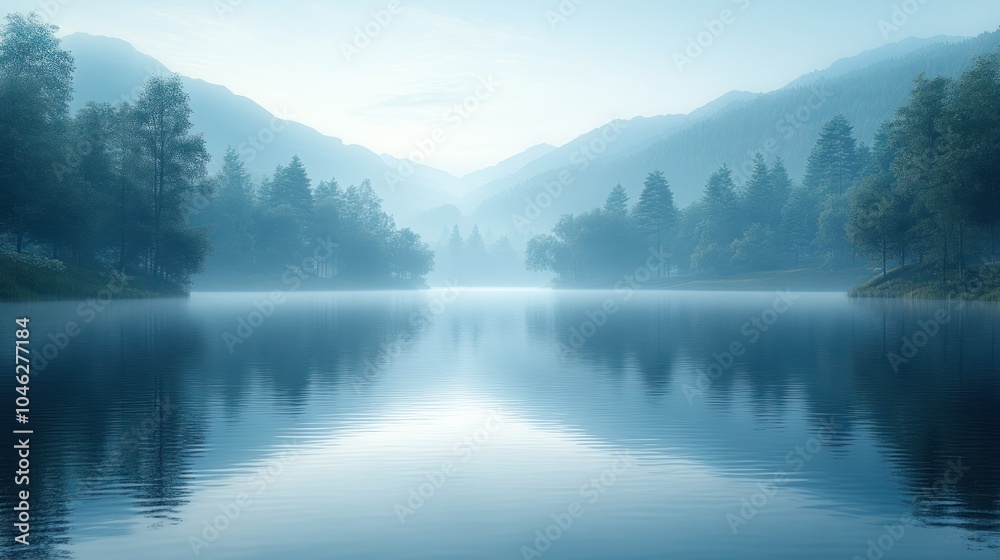 Fototapeta premium Serene lake surrounded by misty mountains and lush trees.