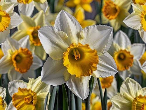 close up photo of white and yellow narcissus or daffodil flowers in a flower garden