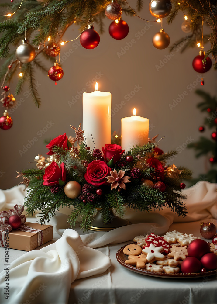 Christmas Table with Candles and Ornaments in Cozy Setting Christmas Table with Candles and Ornaments in Cozy Setting