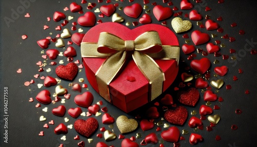 Red heart shaped gift box with a gold ribbon surrounded by red and gold heart decorations on a dark background. Valentine's Day love and romance concept.
