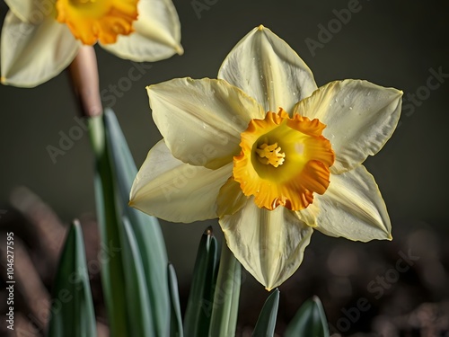 close up photo of white and yellow narcissus or daffodil flowers in a flower garden