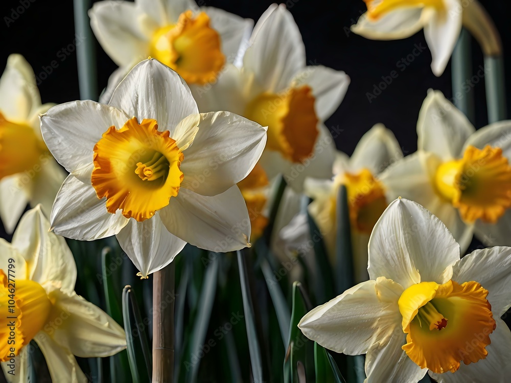 close up photo of white and yellow narcissus or daffodil flowers in a flower garden close up photo of white and yellow narcissus or daffodil flowers in a flower garden