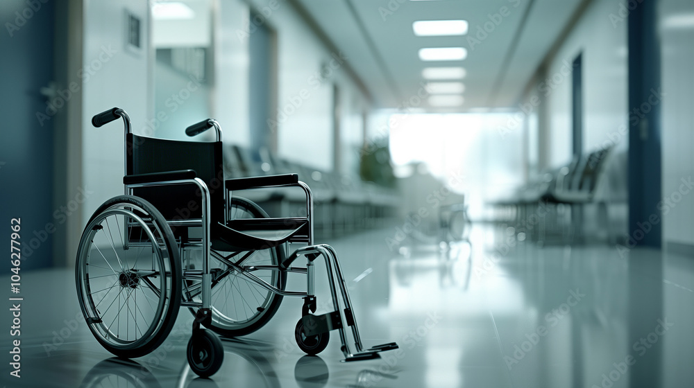 Empty Wheelchair in a Clean and Modern Hospital Waiting Area with Reflections on the Floor Empty Wheelchair in a Clean and Modern Hospital Waiting Area with Reflections on the Floor