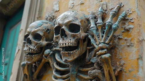 Two decorative skeletons mounted on a weathered wall.