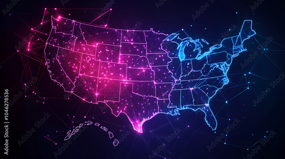Digital map of USA, concept of North America global network and connectivity, data transfer and cyber technology, information exchange and telecommunication Generative AI Digital map of USA, concept of North America global network and connectivity, data transfer and cyber technology, information exchange and telecommunication Generative AI