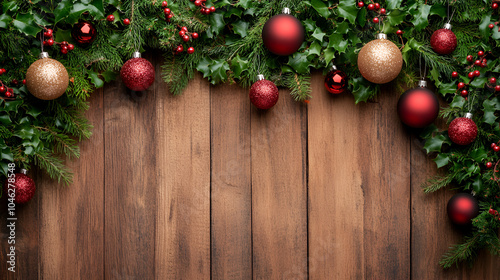 Festive holiday greenery and decorations on a rustic wooden background