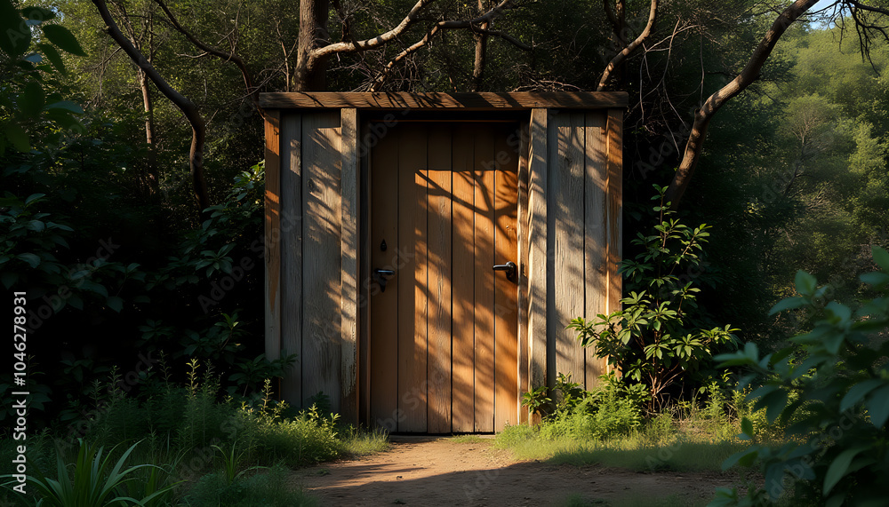 Rustic wooden door surrounded by greenery Rustic wooden door surrounded by greenery
