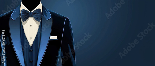 A stylish blue tuxedo with a bow tie, ideal for formal occasions, set against a dark background emphasizing elegance and sophistication.