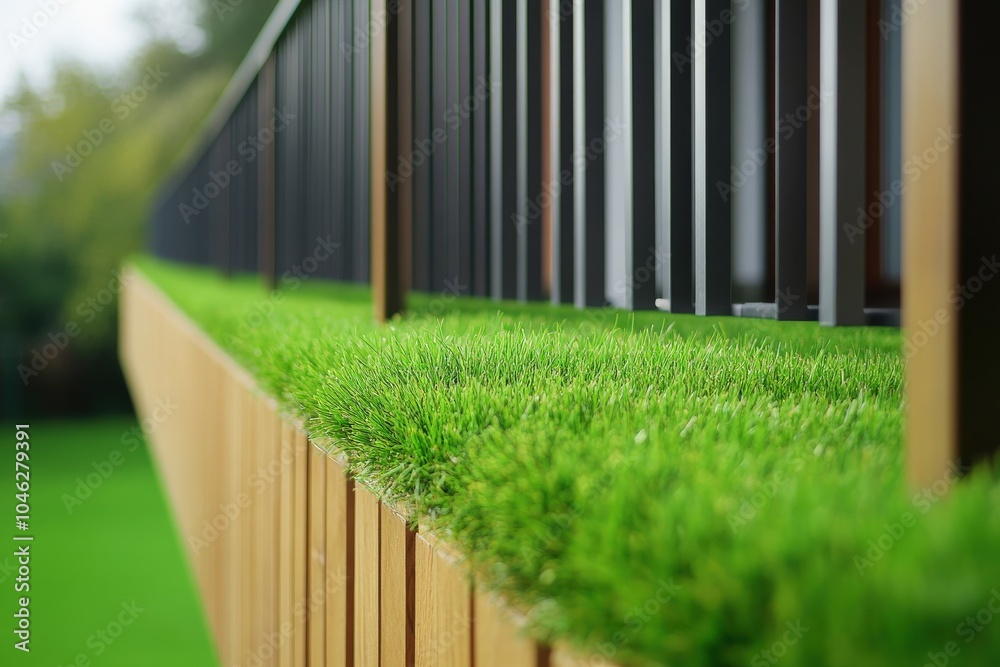 Balcony Railing with Synthetic Grass. Modern Architecture Terrace with Wooden Fence Balcony Railing with Synthetic Grass. Modern Architecture Terrace with Wooden Fence