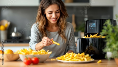Woman Cooking French Fries in Air Fryer