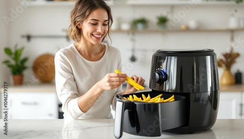 Woman Cooking French Fries in Air Fryer