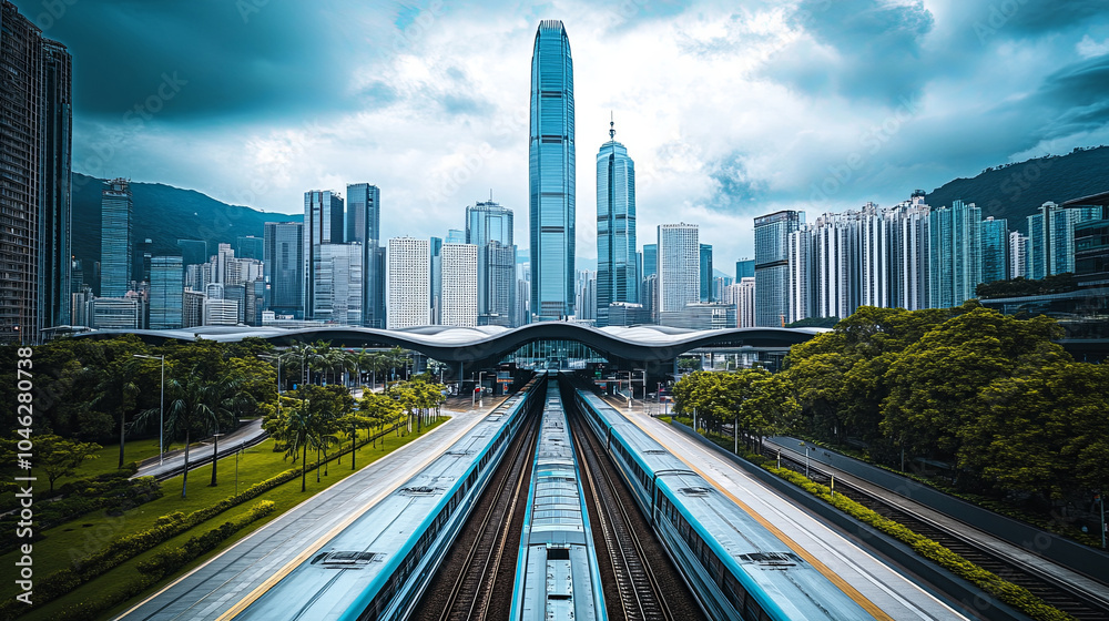 Fototapeta premium modern train station surrounded by towering skyscrapers, showcasing urban architecture and vibrant city life. scene captures essence of bustling metropolis