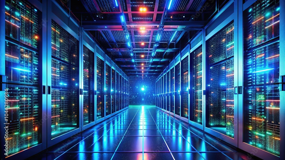 Obraz premium In a dimly lit data center, radiant servers pulse with life, surrounded by glowing circuit board designs, embodying the essence of virtual technology and digital flows.