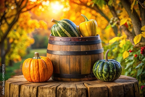 In a natural setting, a weathered barrel highlights colorful Marina Di Chioggia squash alongside the striking Black Futsu squash, capturing the essence of fall harvest. photo