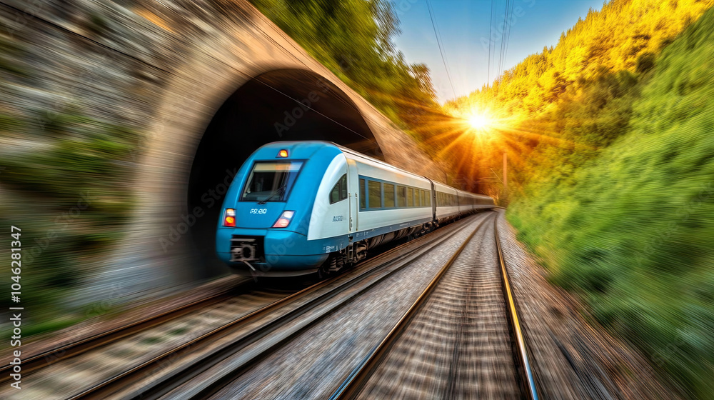 Naklejka premium modern train emerging from tunnel in lush green landscape, illuminated by warm glow of setting sun, creating dynamic and vibrant scene