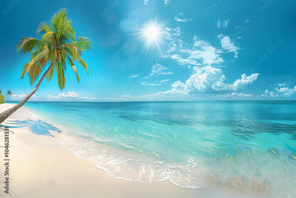 Fototapeta premium A panoramic view of a pristine tropical beach featuring a lone palm tree, crystal-clear turquoise waters, white sandy shore, and a bright blue sky with the sun shining