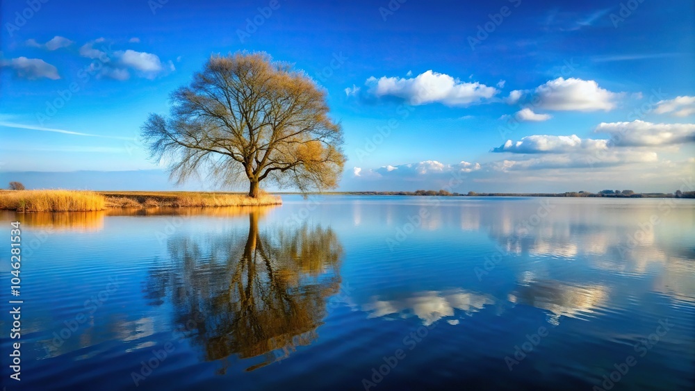Fototapeta premium Scenic view of lake with blue sky and tree on the horizon
