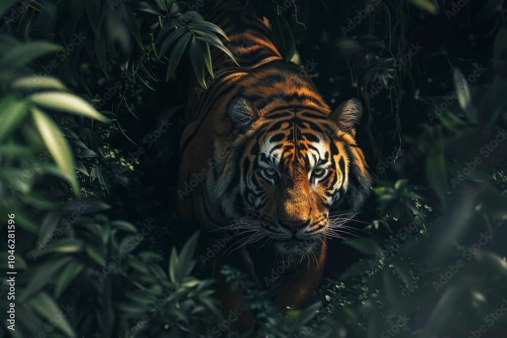 A majestic tiger prowling through dense foliage in a dark jungle setting.