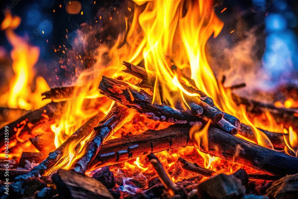 In the stillness of night, flickering flames glow brightly, illuminating the darkness, as embers rise gracefully, entwined with swirling tendrils of smoke.