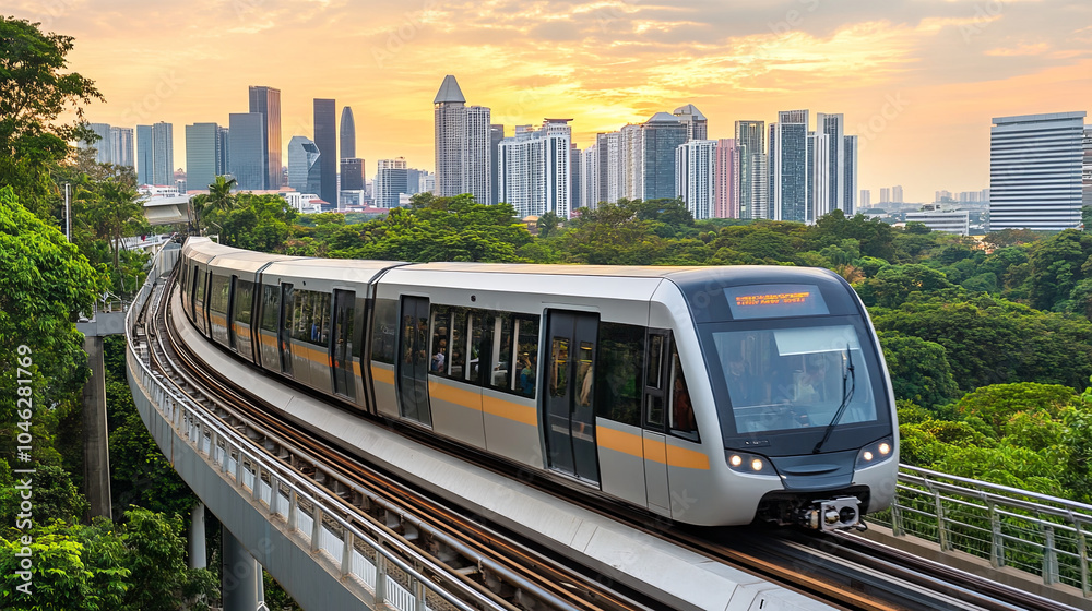 sleek sky train moves seamlessly through vibrant urban landscape, surrounded by lush greenery and modern skyscrapers. sunset casts warm glow, enhancing scenes beauty sleek sky train moves seamlessly through vibrant urban landscape, surrounded by lush greenery and modern skyscrapers. sunset casts warm glow, enhancing scenes beauty