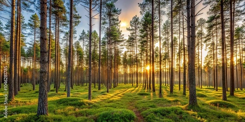 Scenic view of Nordic pine forest in soft evening light with shallow depth of field photo