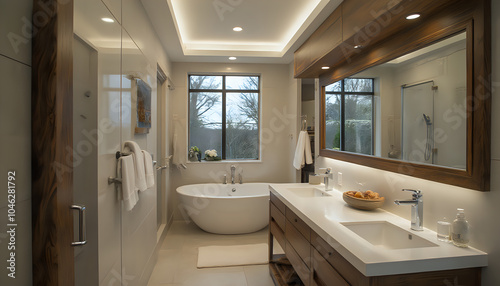 Modern bathroom with double sinks and a large mirror