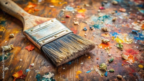 Close-up photo of a heavily used paintbrush covered in dirty paint stains and dried paint flakes, Dirty, Brush, Paint, Close-up